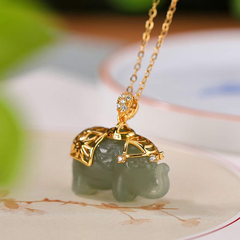 Buddha Stones Plata de Ley 925 Jade Elefante Bendición Fortuna Collar Colgante de Cadena