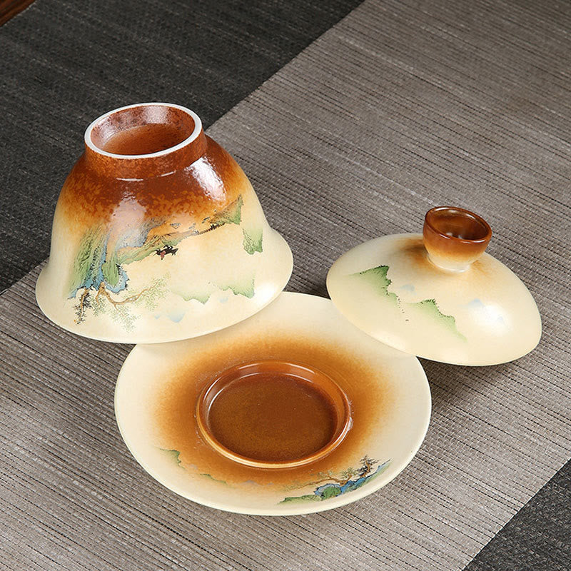 Taza de té y platillo con tapa, cerámica Gaiwan Sancai, paisaje de montaña, Buddha Stones, Kung Fu