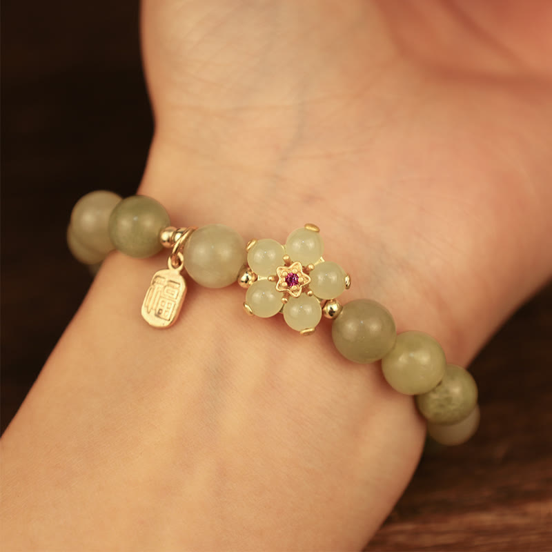 Pulsera de la suerte con dije de personaje Fu de flor de jade verde con Buddha Stones