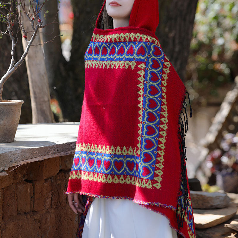 Mantón tibetano de Buddha Stones , capa con capucha y borla de corazón de amor rojo, bufanda de viaje acogedora para invierno