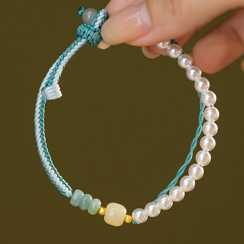 Pulsera de abundancia de perlas de cuerda trenzada de jade hetiano de plata de ley 925 con Buddha Stones