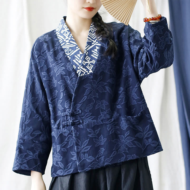 Chaqueta de manga larga con cuello en V y jacquard floral con Buddha Stones