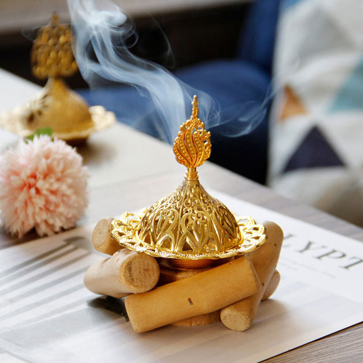 Mini quemador de incienso curativo de aleación de oro con decoración del hogar de posavasos de madera