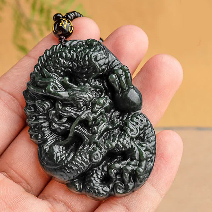 Buddha Stones Hetian Cian Jade Dragón Éxito Armonía Collar Colgante de cadena con cuentas - image 4