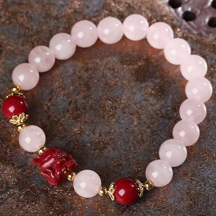 Pulsera de amor de zorro de nueve colas de cinabrio de cristal rosa natural con Buddha Stones