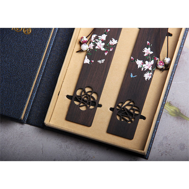 Marcadores de madera de ébano con flores de mariposa y Buddha Stones con caja de regalo