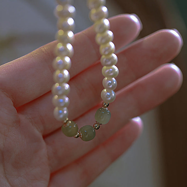 Pulsera de cadena de cuentas de sinceridad de jade blanco de jade cian hetiano de perlas naturales chapadas en oro de 14 quilates