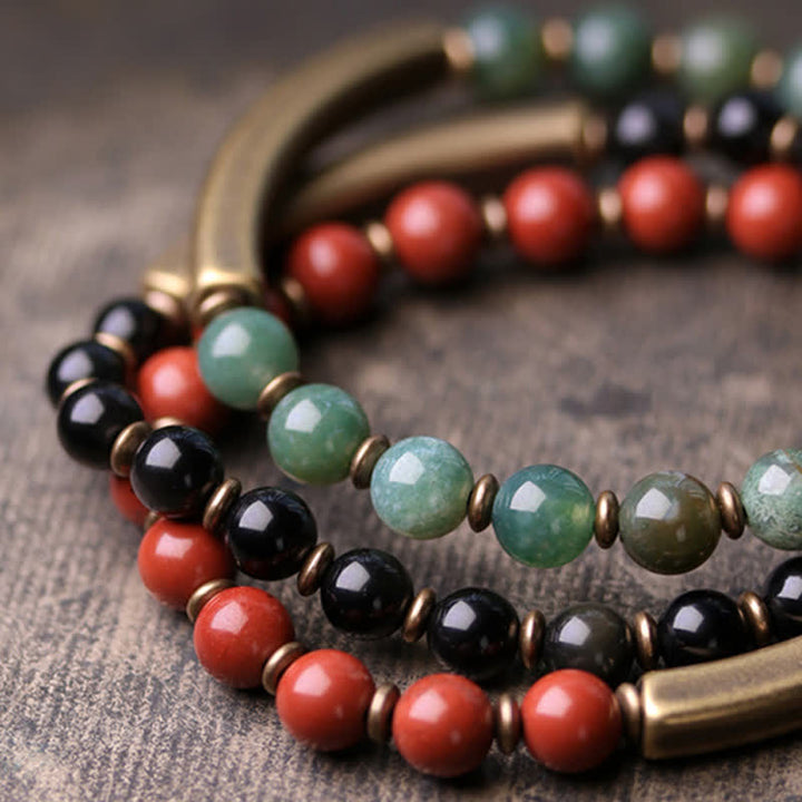 Pulsera de pareja de paz con Buddha Stones, jaspe rojo, ágata de musgo, cristal de obsidiana negra, cobre