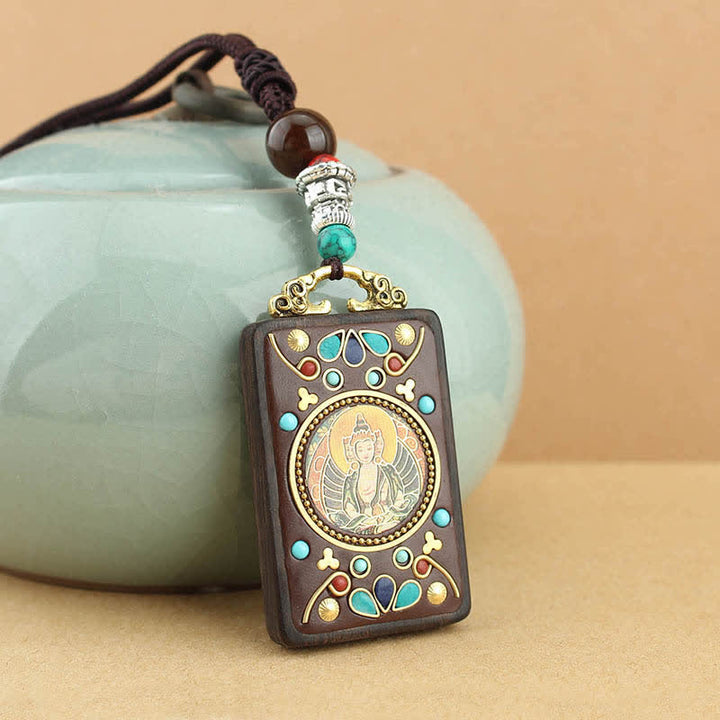Colgante de collar de paz de ébano Thangka, dios de la riqueza del Tíbet, Buddha Stones