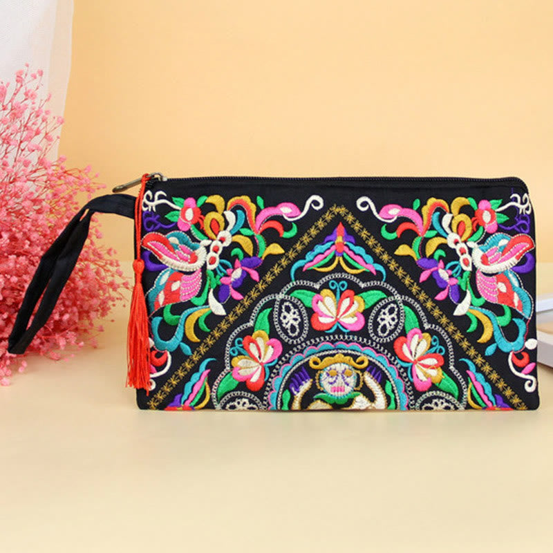 Cartera de compras con bordado de flores de Buddha Stones, dragón, mariposa, cosmos