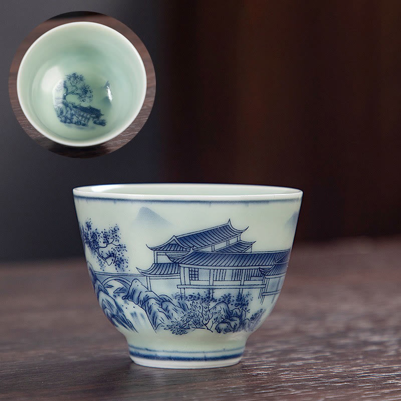 Taza de té de cerámica pequeña con Buddha Stones, paisaje azul, montañas, loto, lindos pabellones de gatos, Magnolia Reed Egrets, taza de té de Kung Fu