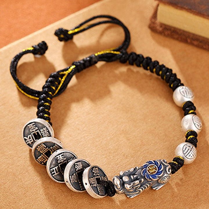 Pulsera trenzada de plata de ley 999 con Buddha Stones FengShui PiXiu, moneda de cobre, personaje Fu, riqueza