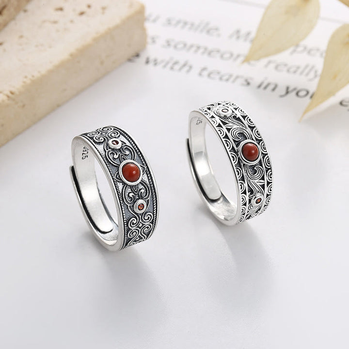 Anillo de pensamiento lógico con nubes propicias de ágata roja incrustada en plata de ley 925 con Buddha Stones