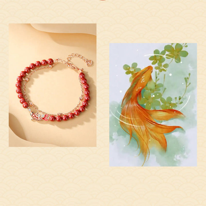 Pulsera de cadena de doble capa con Buddha Stones, Plata de Ley 925, pez Koi de la suerte, circón cinabrio, prosperidad