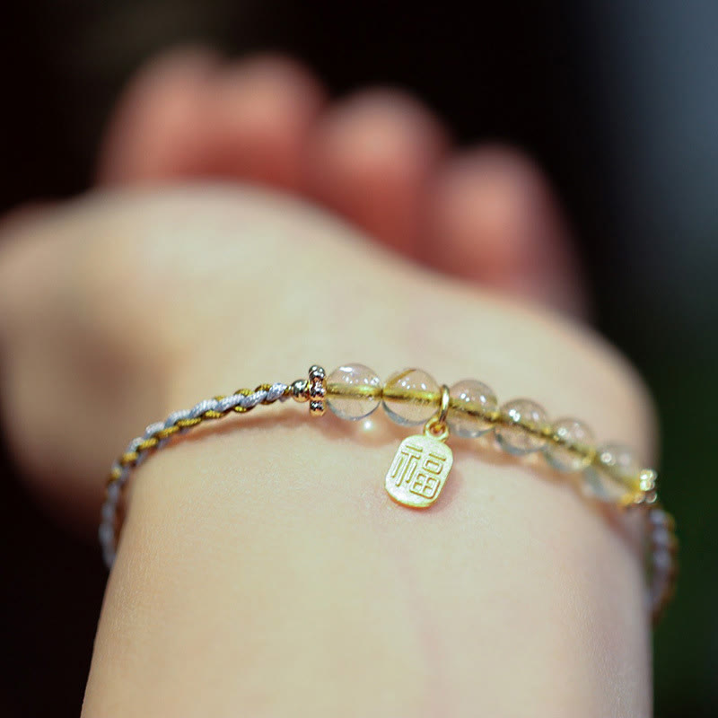 Pulsera trenzada de la suerte con carácter Fu de Cuarzo rutilado con calabaza de jade natural de plata de ley 925