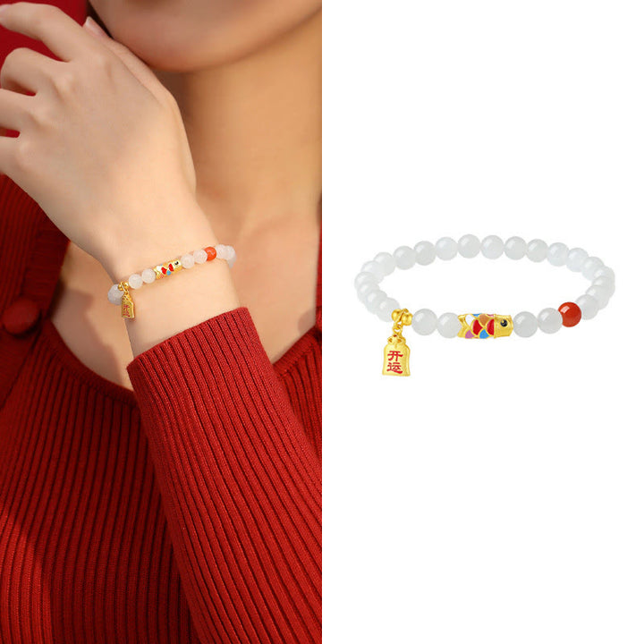 Pulsera de plata de ley 925 con Buddha Stones , jade blanco hetiano, ágata roja, pez Koi, suerte y felicidad