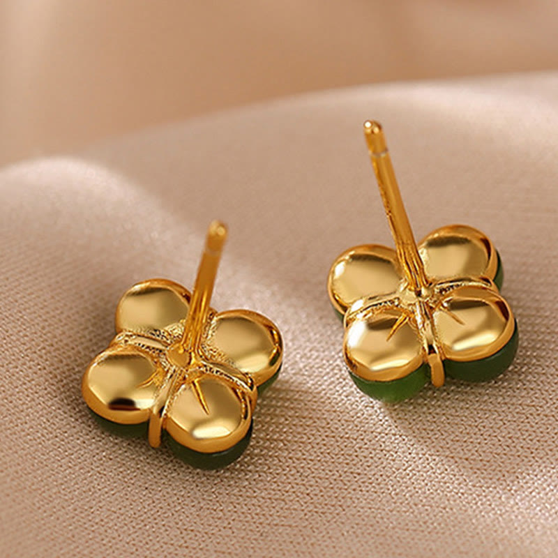 Pendientes de tuerca de la suerte con trébol de cuatro hojas de jade cian natural chapado en plata de ley 925 con Buddha Stones