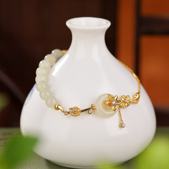 Pulsera de cadena de la suerte de loto con hebilla de la paz de jade hetiano de plata de ley 925 con Buddha Stones