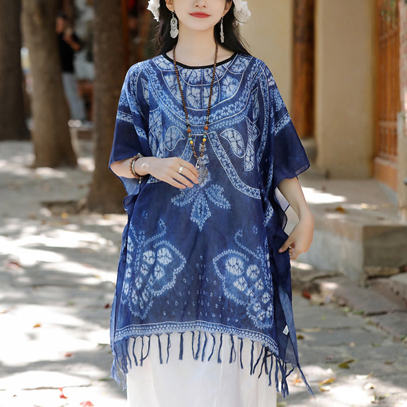 Jersey de viaje acogedor con borlas y chal teñido añil de mariposa azul con Buddha Stones 90*95cm