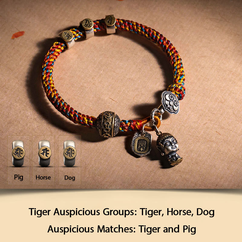 Buddha Stones hechas a mano tibetana de plata de ley 925, zodíaco chino, Buda natal Zakiram, diosa de la protección de la riqueza, pulsera trenzada de cuerda multicolor