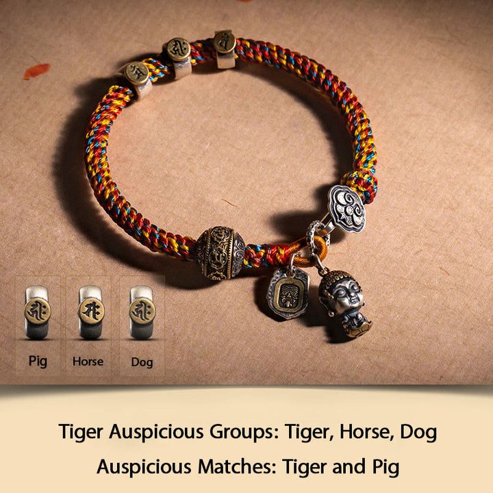 Buddha Stones hechas a mano tibetana de plata de ley 925, zodíaco chino, Buda natal Zakiram, diosa de la protección de la riqueza, pulsera trenzada de cuerda multicolor