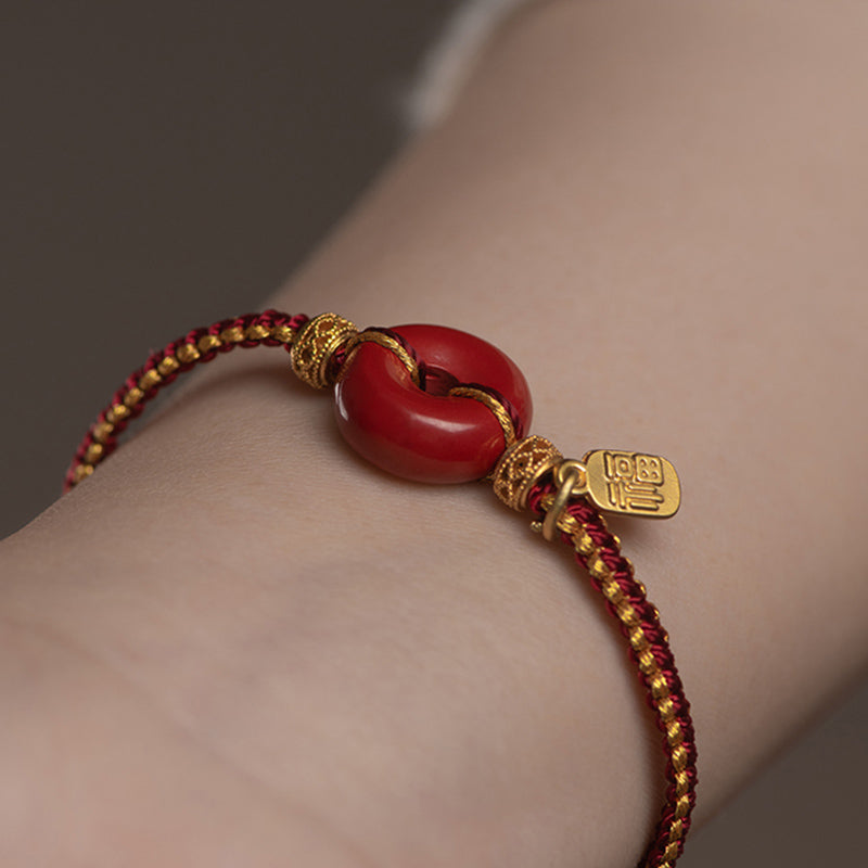 Pulsera trenzada de bendición con dije de personaje Fu con hebilla de paz y cinabrio natural con Buddha Stones