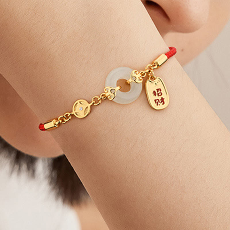 Pulsera de bendición con dije de fortuna y moneda de cobre con hebilla de paz de Jade blanco y Buddha Stones