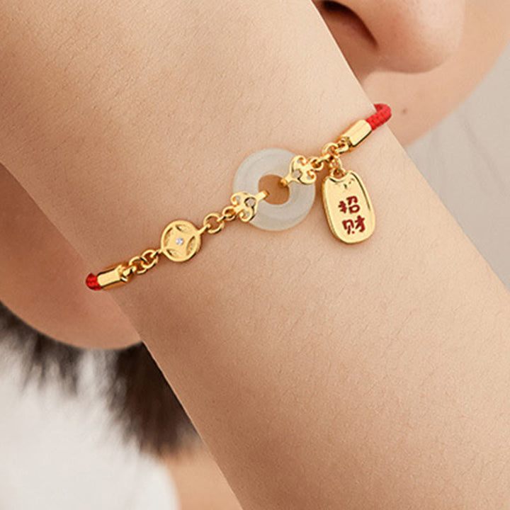 Pulsera de bendición con dije de fortuna y moneda de cobre con hebilla de paz de Jade blanco y Buddha Stones