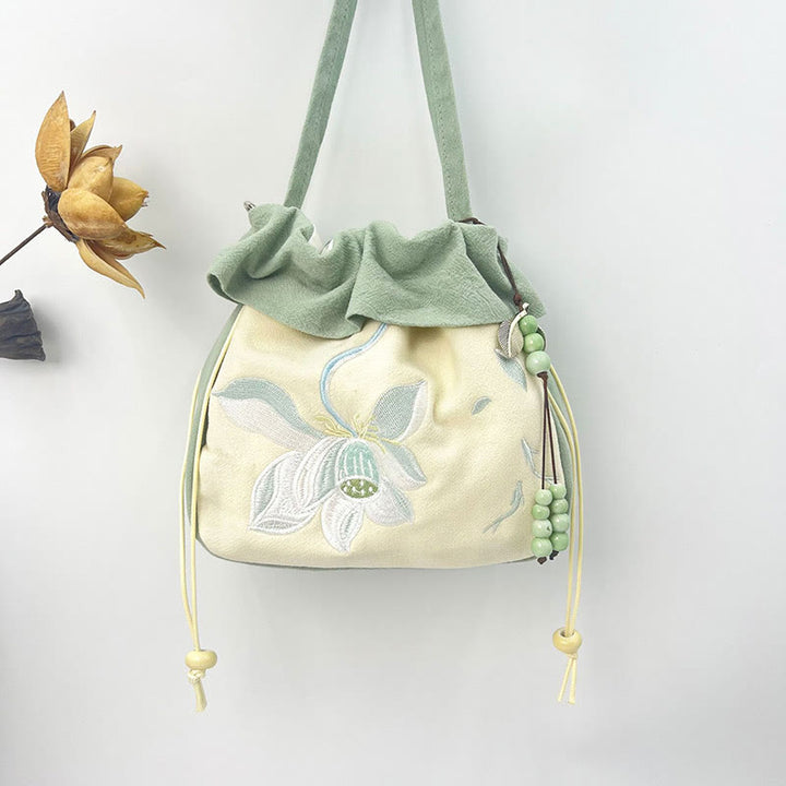Buddha Stones Suzhou bordado Lotus Epiphyllum Magnolia algodón lino bolso bandolera bolso de hombro bolso