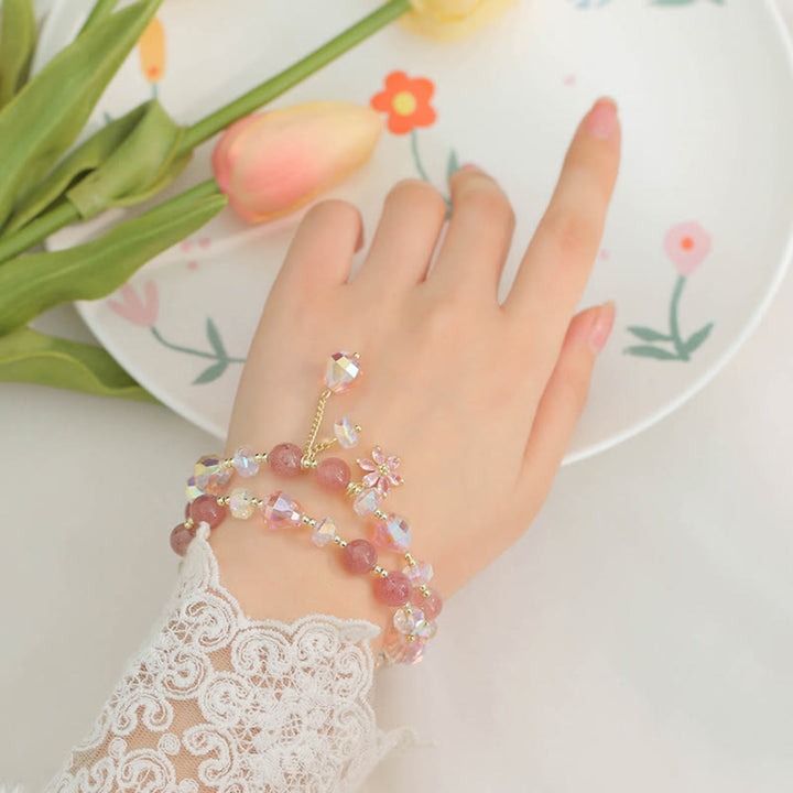 Pulsera de doble vuelta curativa con flores de circonita, cuarzo fresa y Buddha Stones