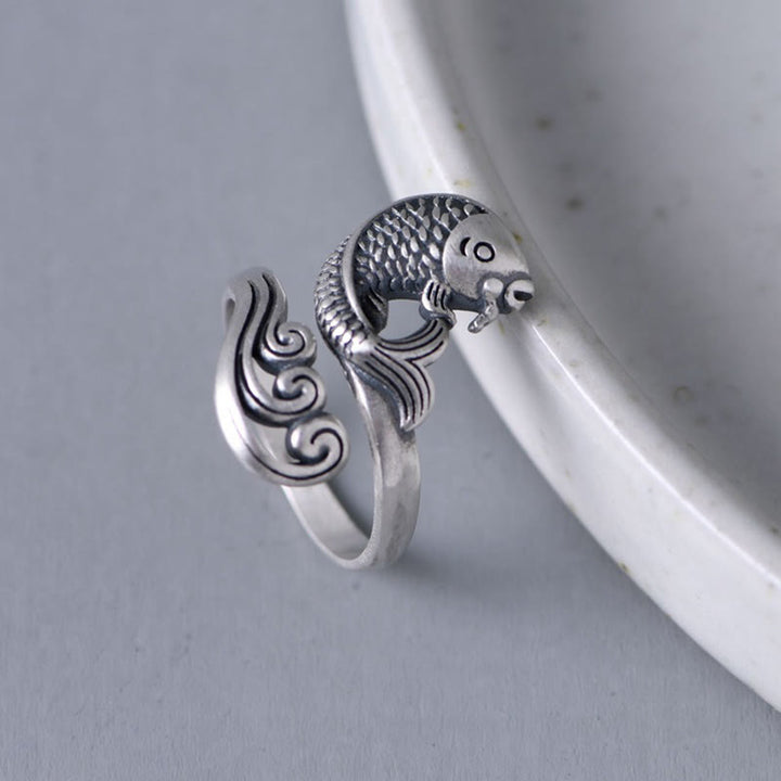 Anillo de plata de ley 925 con Buddha Stones , pez koi, ondulación de agua, suerte y riqueza