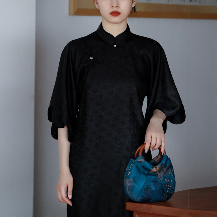 Bolso de mano con asa de madera azul con flor de jacquard hecho a mano con Buddha Stones