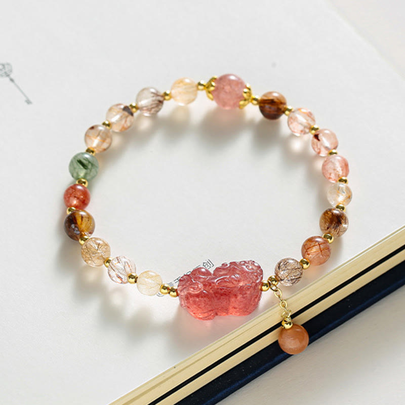 Pulsera de riqueza PiXiu de cuarzo fresa de cuarzo rutilado natural con Buddha Stones