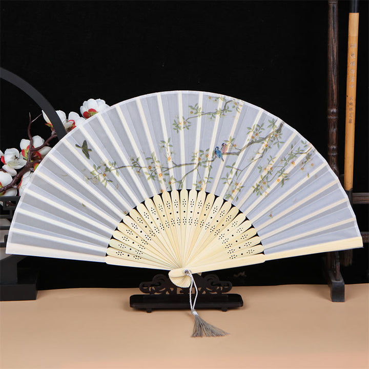 Abanico plegable de bambú de mano con diseño de pájaros cantando flores clásicas de Buddha Stones