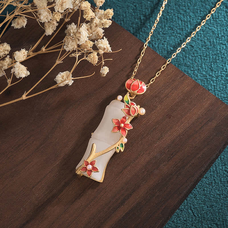Colgante de collar de protección de la suerte con flores de loto de bambú de jade blanco de Buddha Stones - image 3