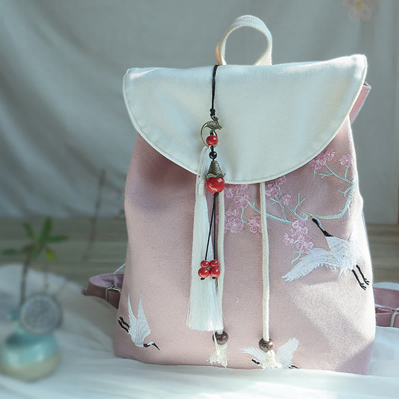 Mochila de lona de gran capacidad bordada hecha a mano con Buddha Stones - Grulla blanca cereza - image 31
