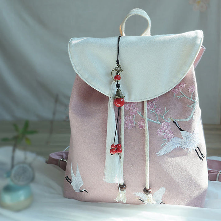 Mochila de lona de gran capacidad bordada hecha a mano con Buddha Stones - Grulla blanca cereza - image 31