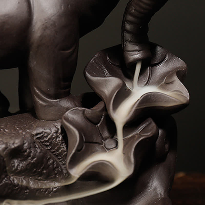 Elefante tibetano, fuente de humo de reflujo de arcilla púrpura, decoración de quemador de incienso curativo de paz