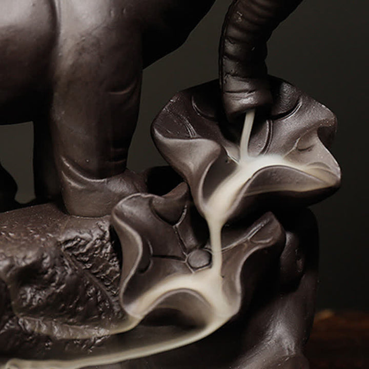 Elefante tibetano, fuente de humo de reflujo de arcilla púrpura, decoración de quemador de incienso curativo de paz