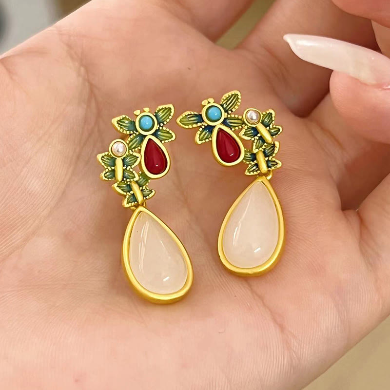 Pendientes colgantes con forma de gota de agua , Buddha Stones , Jade blanco, ágata roja, mariposa