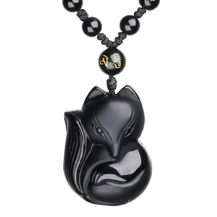 Collar con colgante de amuleto de obsidiana negra natural con Buddha Stones , ojo de tigre, hielo, obsidiana y zorro