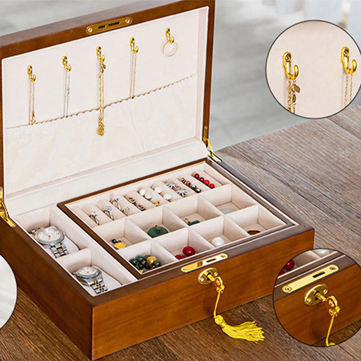 Caja de joyería de madera vintage con Buddha Stones, caja de almacenamiento de joyería de madera maciza de dos capas