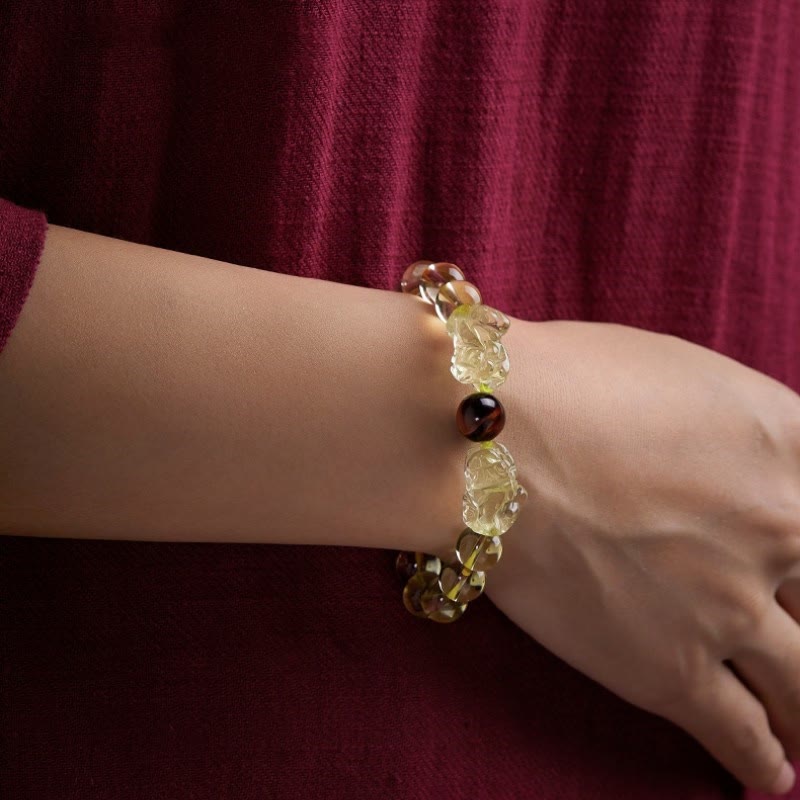 Pulsera de protección de prosperidad de ojo de tigre doble PiXiu de citrino natural de Buddha Stones