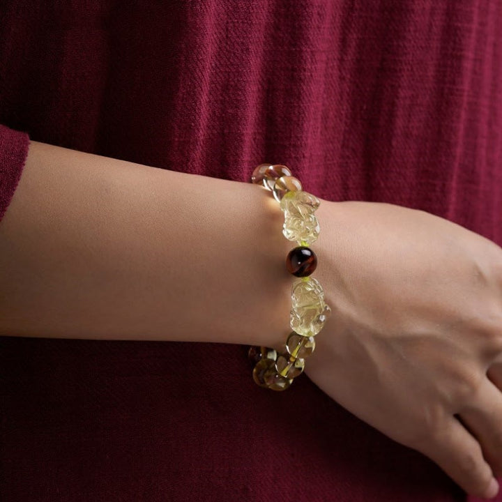 Pulsera de protección de prosperidad de ojo de tigre doble PiXiu de citrino natural de Buddha Stones