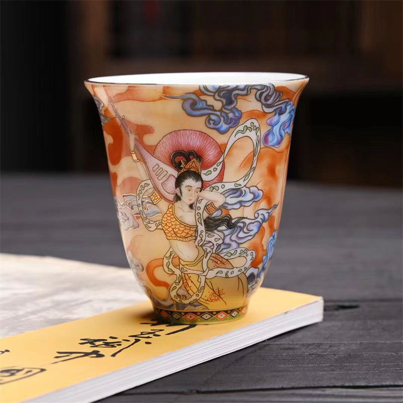 Taza de té de Kung Fu con Buddha Stones, Color Dunhuang, Apsaras voladoras