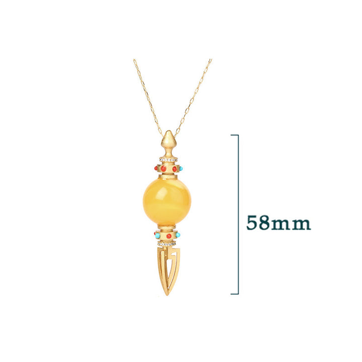 Colgante de collar de ansiedad transparente Dorje Vajra de ámbar chapado en oro de 24 quilates