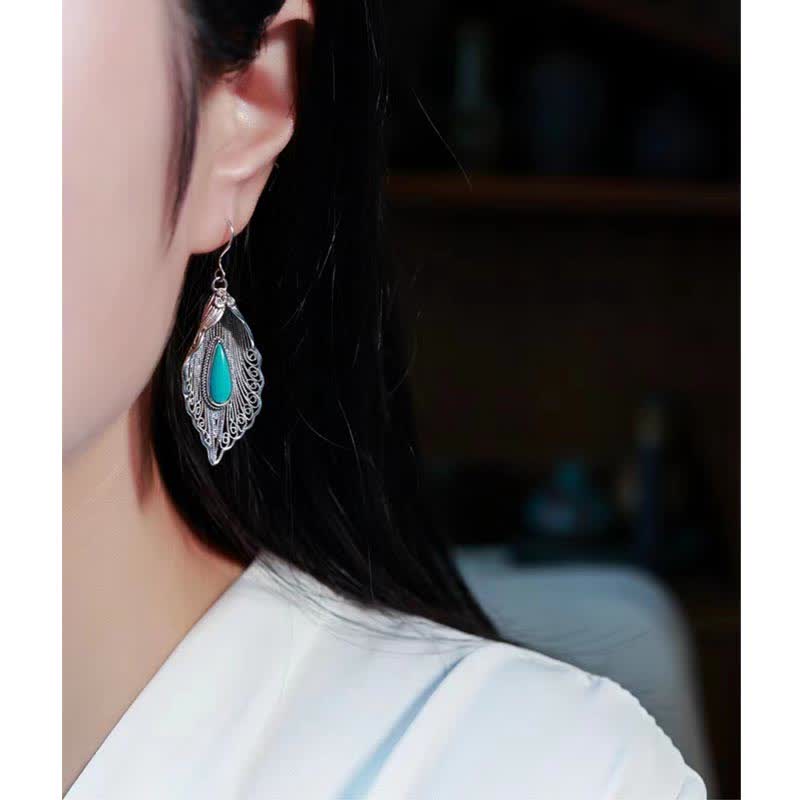 Pendientes colgantes de plata de ley 925 con diseño de hoja de Bodhi turquesa