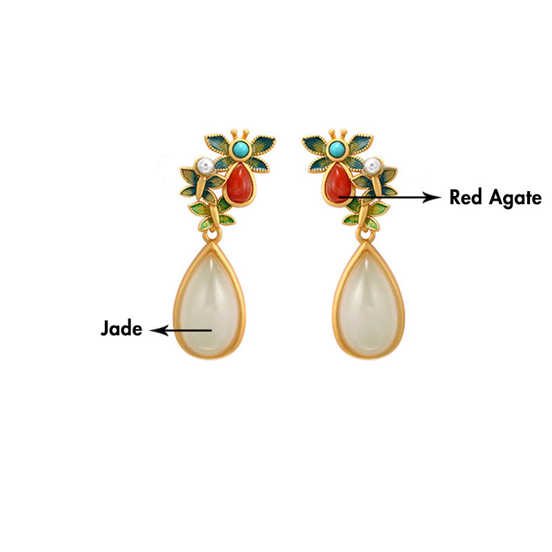 Pendientes colgantes con forma de gota de agua , Buddha Stones , Jade blanco, ágata roja, mariposa
