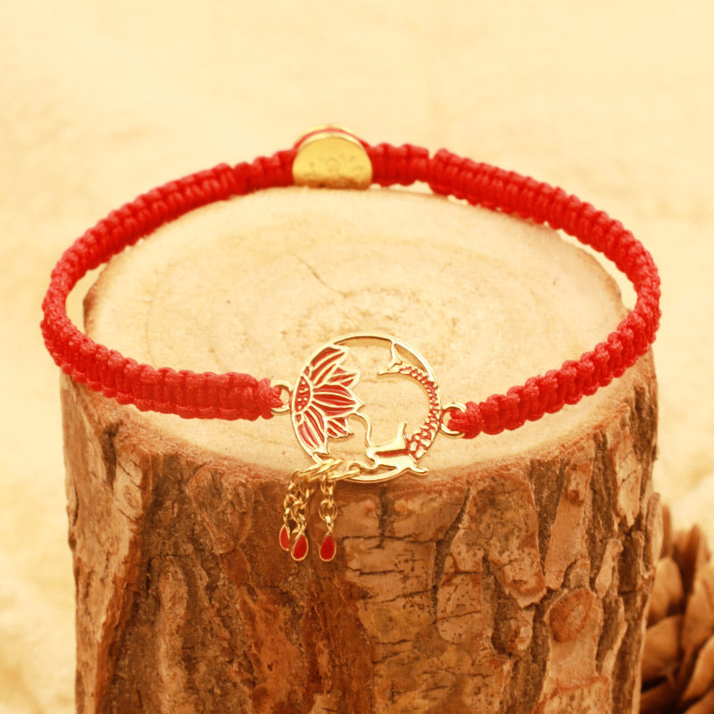 Pulsera de hilo rojo de la suerte con pez Koi de loto hecho a mano tibetano con Buddha Stones