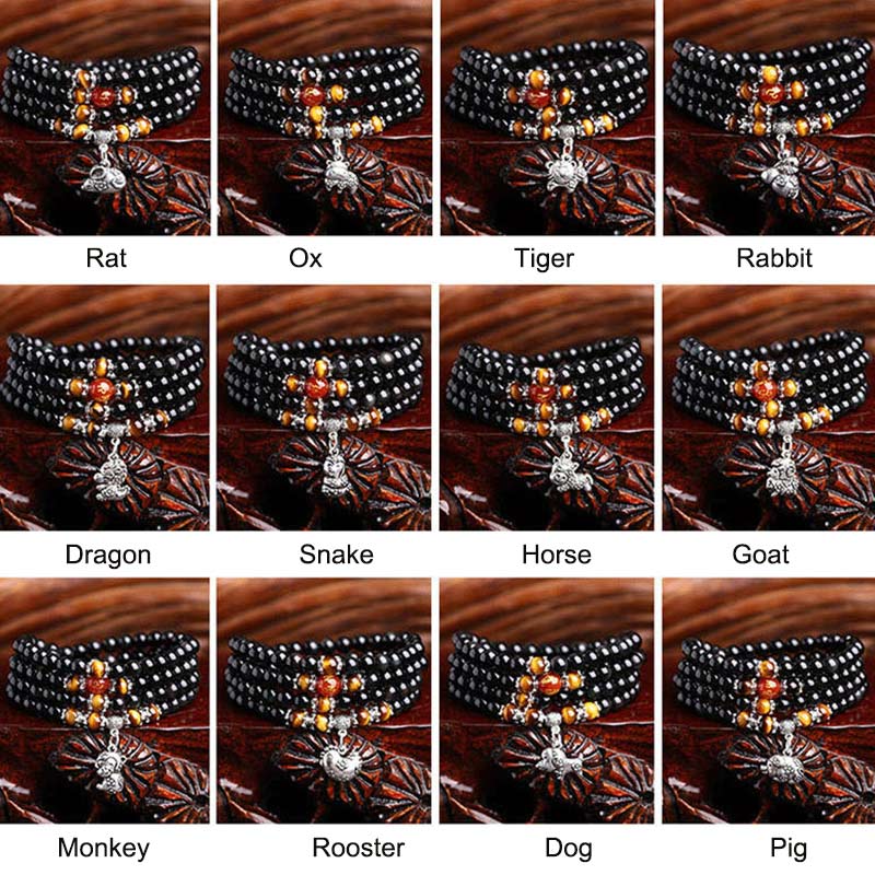 Pulsera de Mala de la fortuna con ojo de tigre de obsidiana negra con 108 cuentas del zodiaco chino